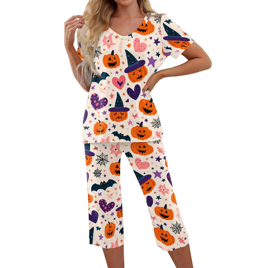 Womens Halloween Two Piece Set Short Sleeve Top with V Neck and Capri Pants Casual Lounge Wear Printed Ghost Pumpkin Pattern