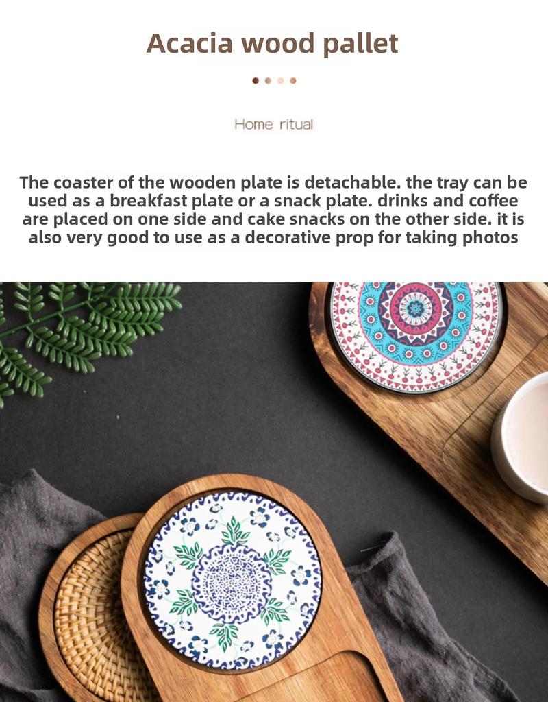 Japanese Wooden Tray with Ceramic Coaster for Cups Plates Retro Bread Dessert Breakfast Display