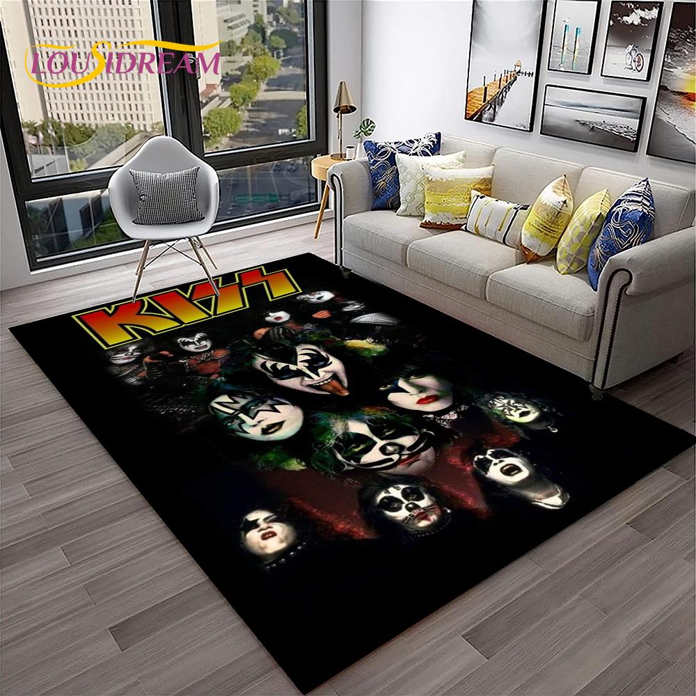 Retro Koberec KISS Rocková Kapela pro Domácí Obývací Pokoj Ložnici Hernu Pohovku Kuchyňskou Rohožku Dekor, Dětský Koberec Protiskluzová Podložka na Podlahu