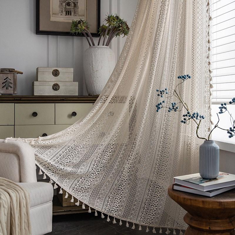 

American Style Solid White Beige Knit Hollowing Curtains with Tassel for Bedroom Drape Semi-shading Curtains In The Living Room W150 x H60cm&Threading Rod