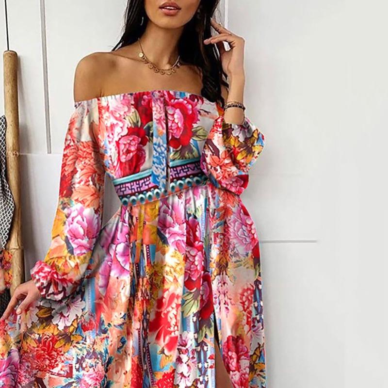 Suer evening dress printed dress one-word shoulder pullover retro long-sleeved big swing split dress