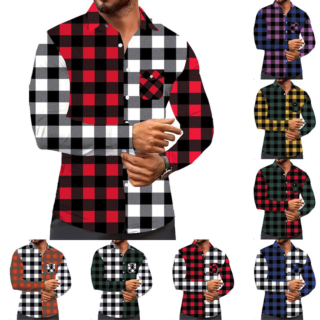 Men's Color Blocking Plaid Trendy Fashion Loose Drop Shoulder Lapel Long Sleeve Shirt