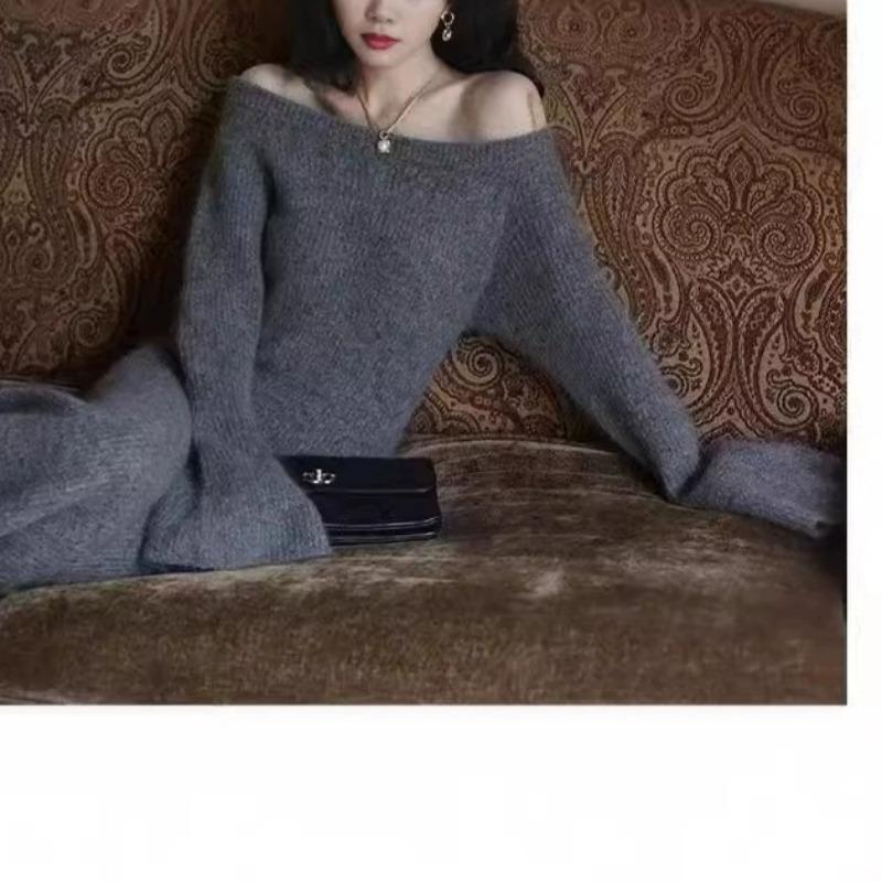 Autumn and winter new pure desire sexy one-word shoulder knitted dress women's fashion inner with medium and long sweater skirt tide
