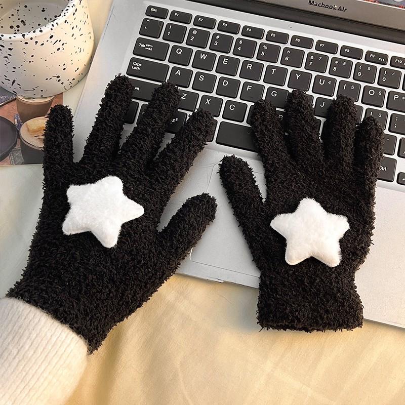 Women Coral Velvet Gloves Outdoor Warmer Soft Cartoon Star Cute Plush Cycling Solid Winter