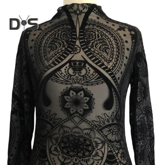 Damen Tops Rundhals Langarm Slim Fit Frühling Herbst Pullover Tops Durchsichtiges geometrisches Spitzenblumennetz T-Shirt