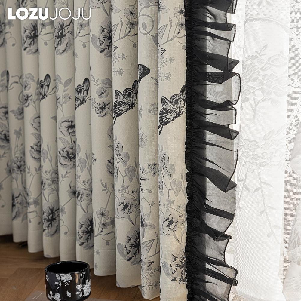 1PC LOZUJOJU 70-80% Blackout French Romantic Style Butterfly Print Pattern Ruffle Edge Curtain for Bedroom Living Room Home Decor