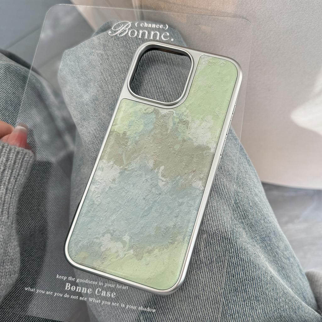 Spring Fresh Green Mixed Oil Painting Texture Smudge Sliver Edge Protective Case for iPhone 11 12 13 14 15 16 17 Pro Max Plus XR