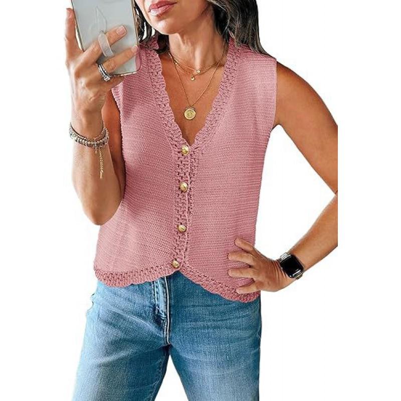 Womens V-Neck Sleeveless Knit Cardigan Short Loose Fit Casual Top With Button Front
