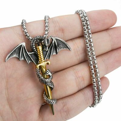 Cool Gothic Herren Drachen Schädel Kreuz Anhänger Halskette Edelstahl Schmuck