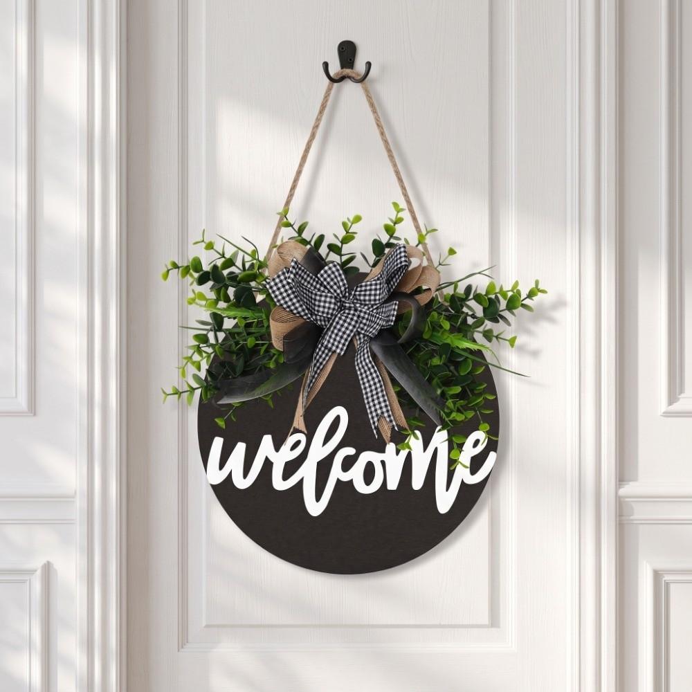 30cm 11.81in Wooden Welcome Sign Artificial Plant Wall Art Creative Hanging Decoration Wall Decor