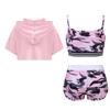 Kids Girls 3 Piece Dance Gymnastic Workout Outfit Short Sleeve Hooded with Crop Tank Top Shorts Sport Tracksuit