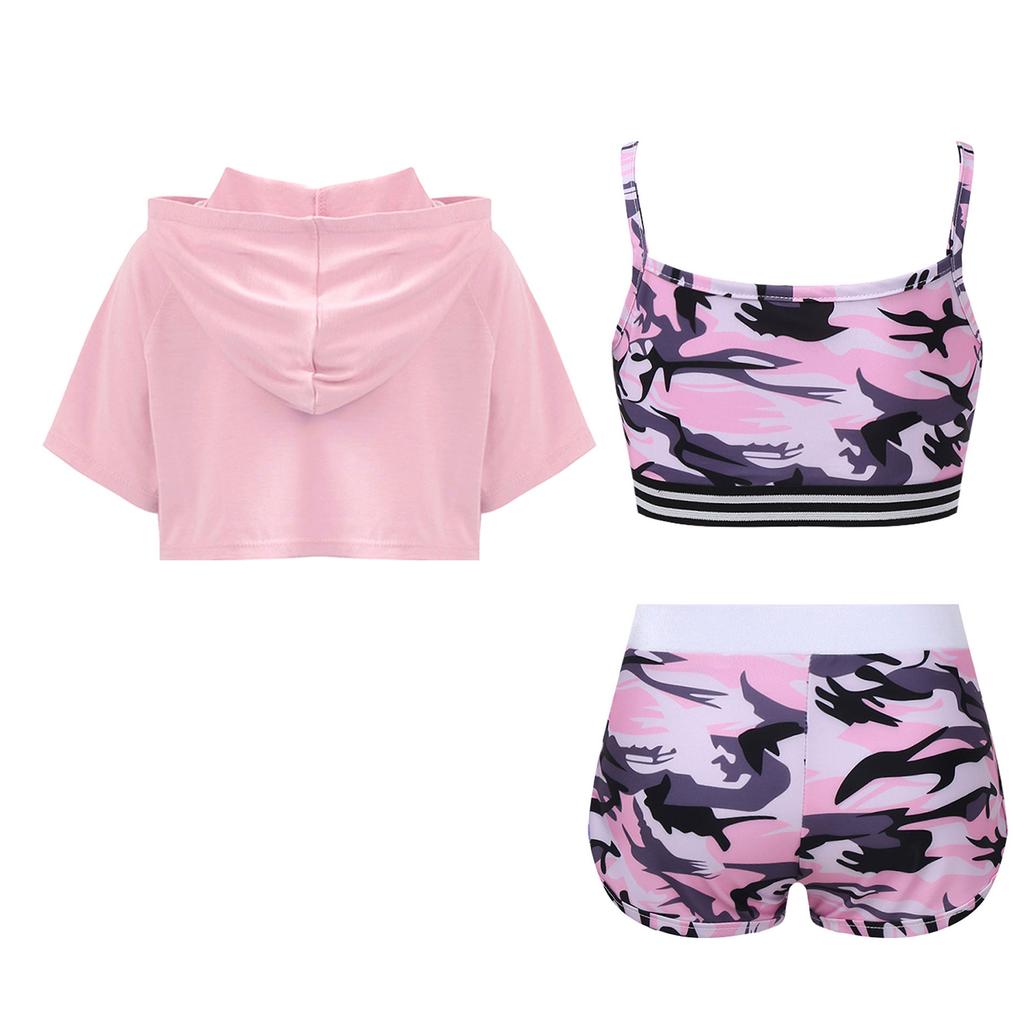 Kids Girls 3 Piece Dance Gymnastic Workout Outfit Short Sleeve Hooded with Crop Tank Top Shorts Sport Tracksuit
