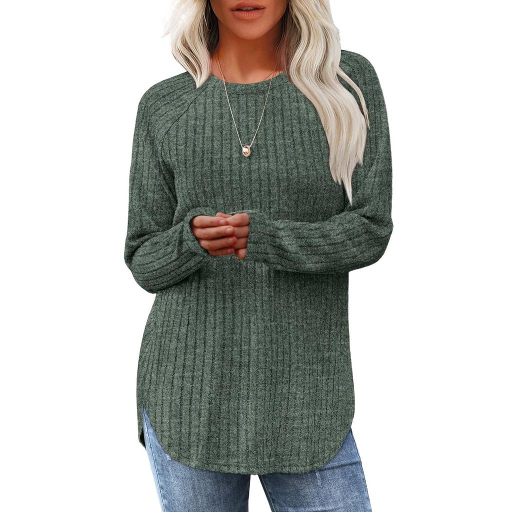 Women's Autumn New Loose Round Neck High and Low Curved Hem Top