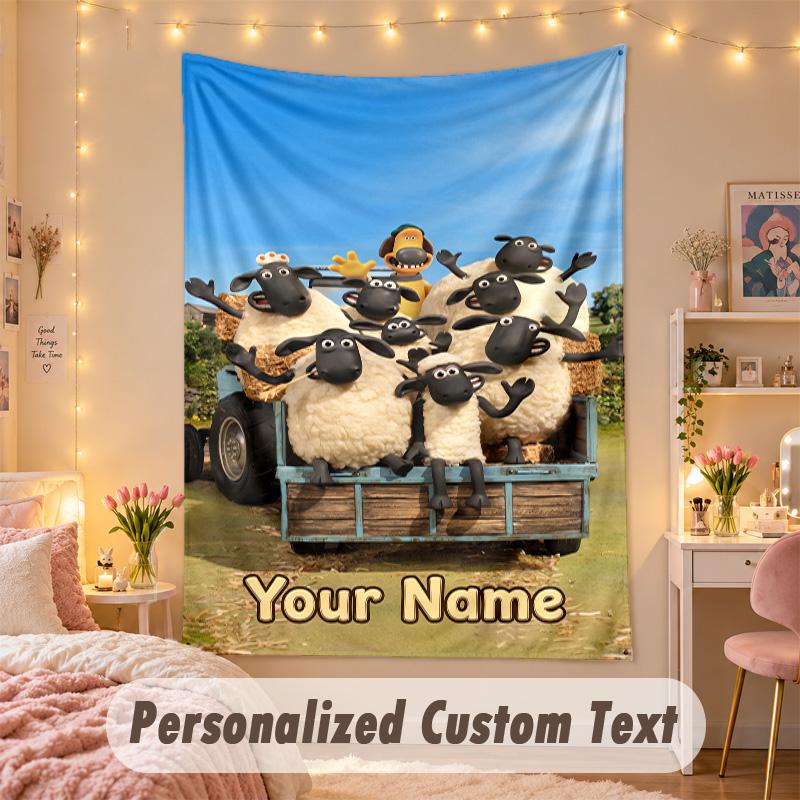 Custom Personalized Tapestry,Shaun the Sheep Print Custom Name Text Wall Art Hanging for Bedroom