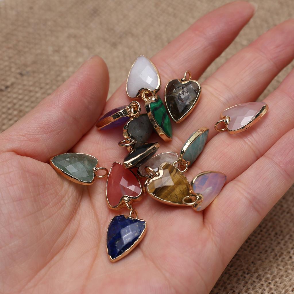 3Pcs, Trending Heart Crystal Pendant with Golden Edging, Faceted Natural Stone Amethyst Agate Opal Gems Charms for Jewelry Making DIY Crafts 13×19mm