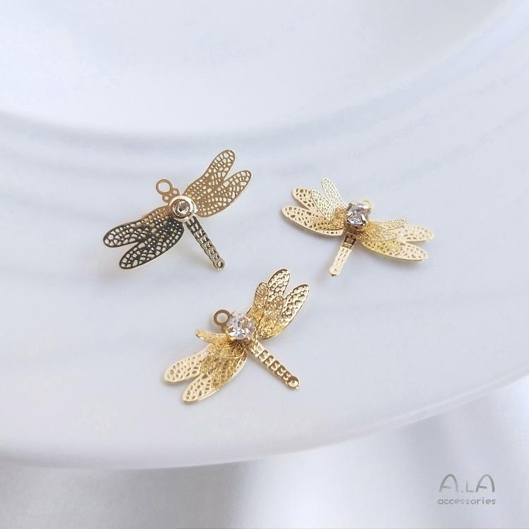 Copper-Plated 14K Gold Butterfly Dragonfly Zircon Pendant for DIY Jewelry & Hairpin Charms