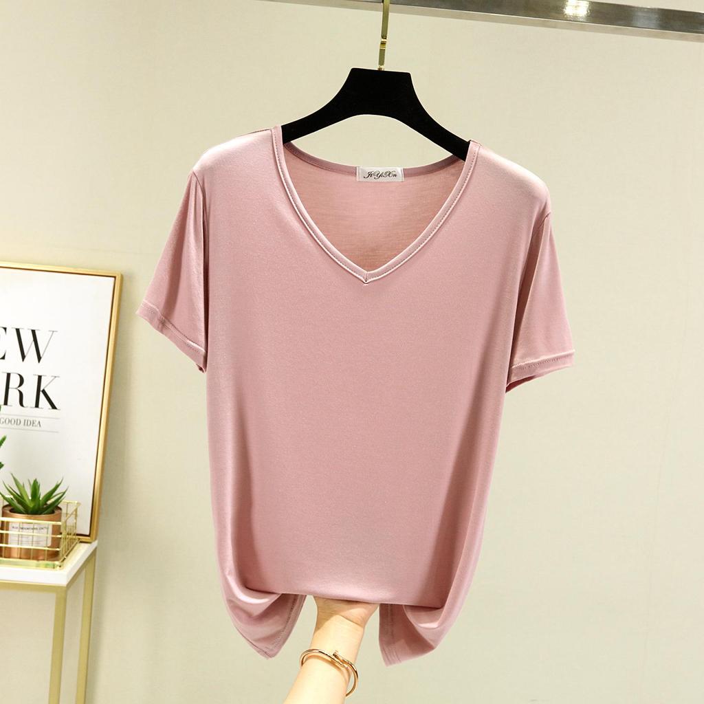 Women's Short-Sleeve Modal V-Neck White Ice Silk Loose T-Shirt