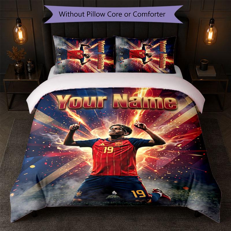 Lamine Yamal Custom Name Text Bedding Set 1 Duvet Cover+2 Pillowcases Soccer Logo Personalized Gift For Special Occasion Bedroom Decor