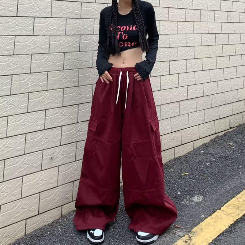 Retro High-Waisted Wide Leg Cargo Pants for Women - Street Dance Hip Hop Trousers, Straight Leg, Floor-Length