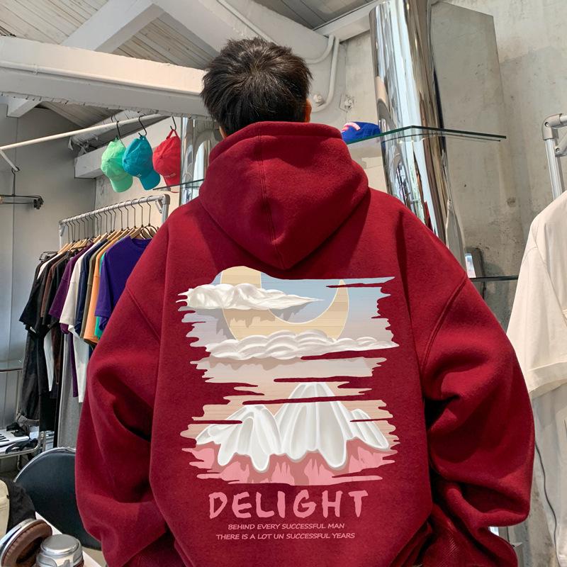 Hanorac cu imprimeu retro supradimensionat pentru bărbați, de culoare caisă - Hanorac la modă, lejer, de primăvară/toamnă, pentru cupluri