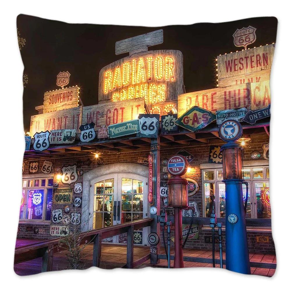 Poszewka na poduszkę w stylu retro Route 66 Dekoracja domu Poliestrowa poszewka na poduszkę na sofę Samochód Poszewka na poduszkę do rzucania Naturalny krajobraz Funda Cojin