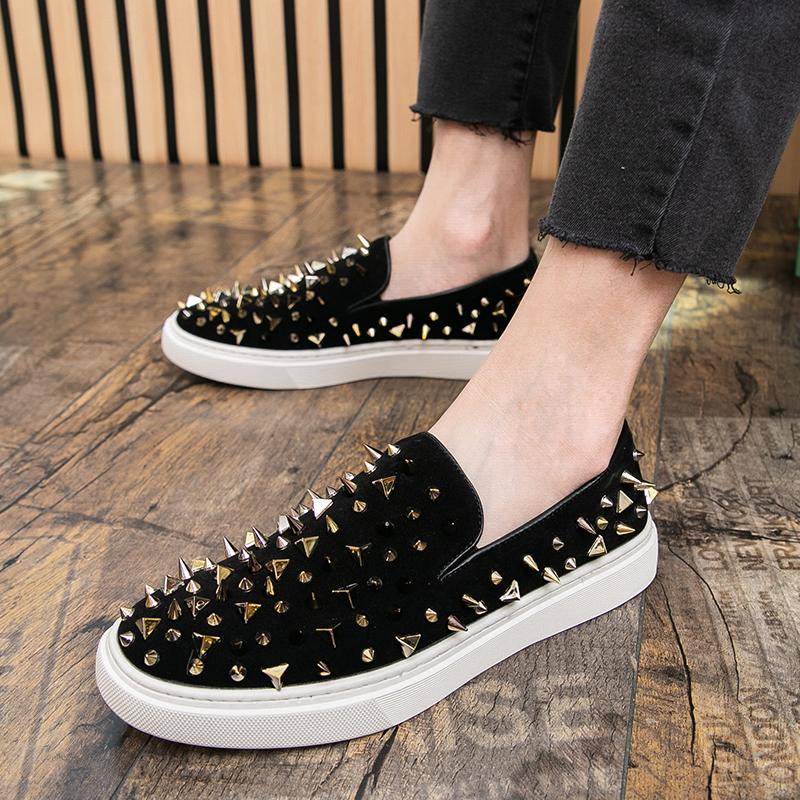 Fashion Trend New Men's Gold Slip On Punk Rivet Loafter Leisure Leather Shoes Male Comfortable Sneakers Tenis Masculino Zapatos Hombre