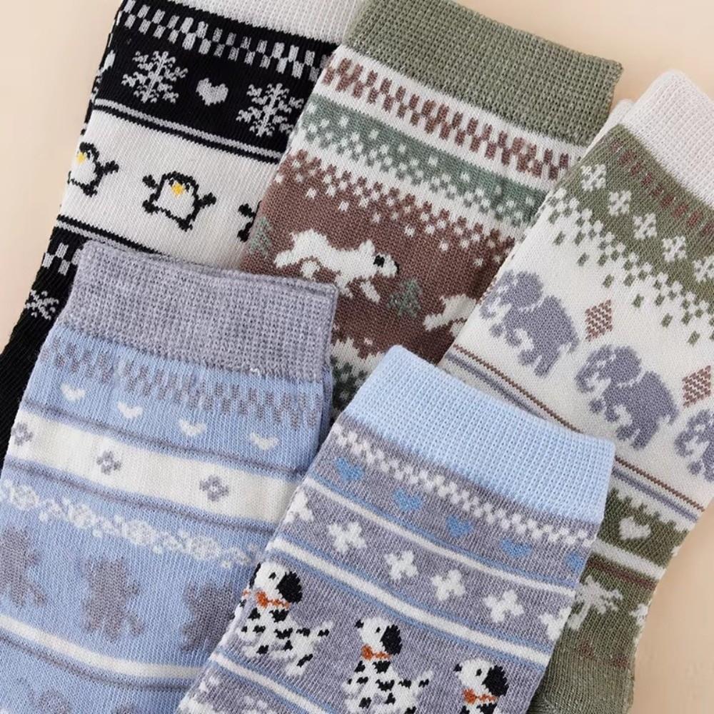 5 Pairs Breathable Mid Tube Socks Retro Knit Cartoon Animal Socks Women Stockings  Daily Wear