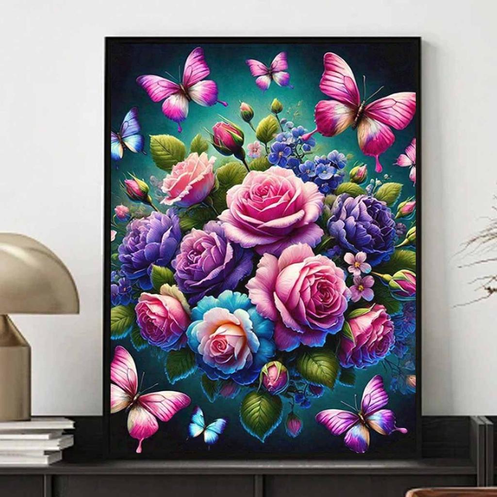 Flower Butterfly Diamond Art Piece Set, 5D DIY Full Diamond Dot Painting Cross Stitch Craft Decoration Home Wall Ornaments
