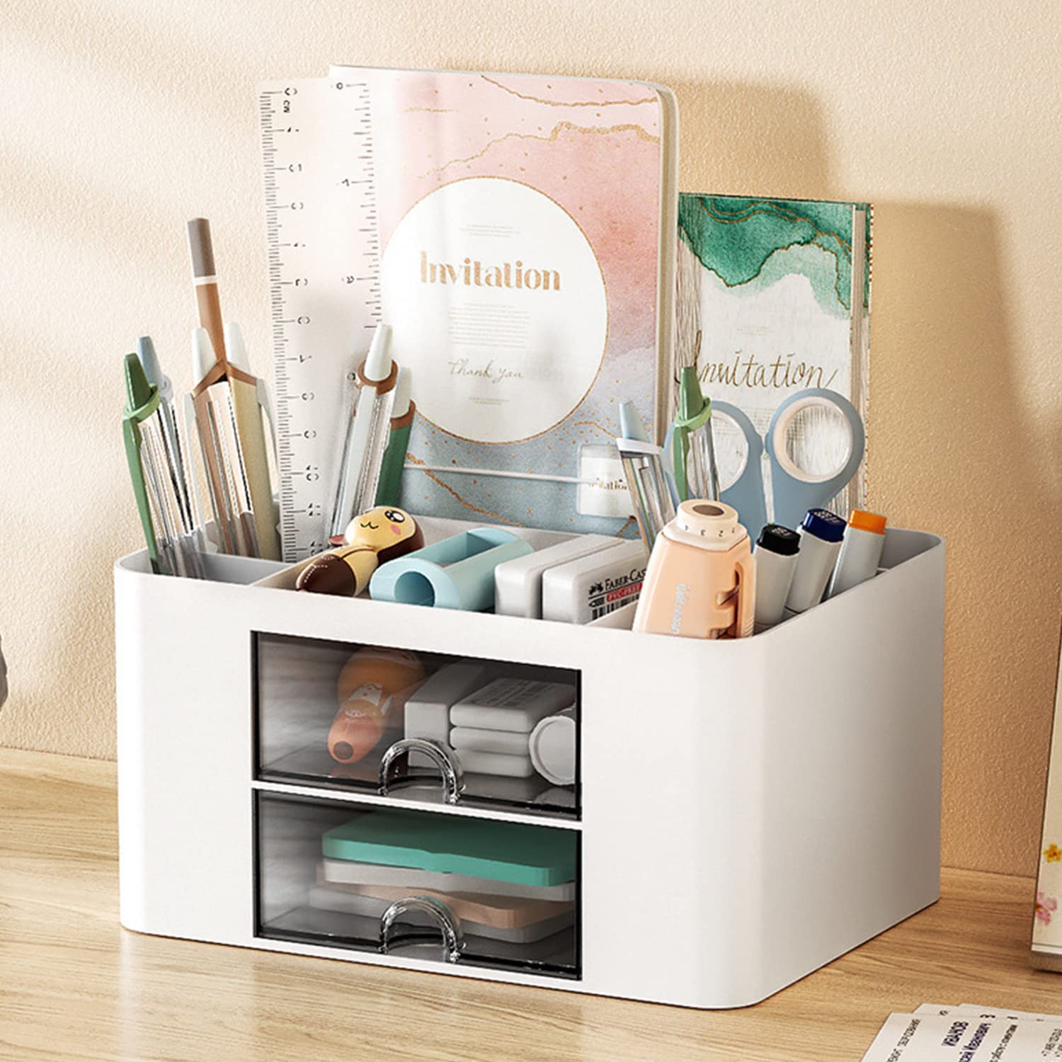 

Tumosando Desk Organizer, Tabletop Storage, No Assembly Required, Pen Holder, Drawer Included, Remote Control Rack, Multi-functional, Small Items,
