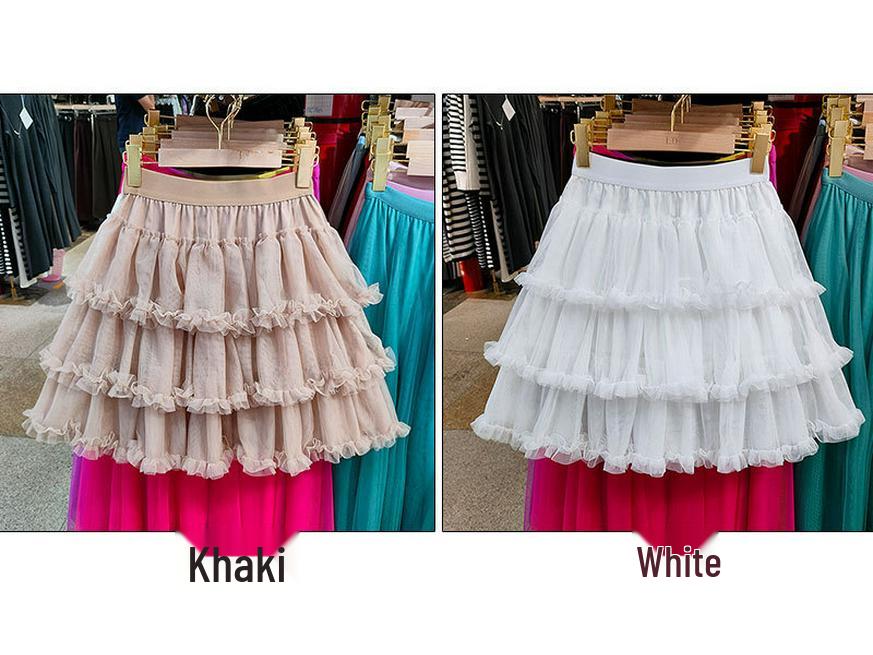 Women's High-Waist Ruffled A-Line Skirt with Mesh Overlay and Safety Lining