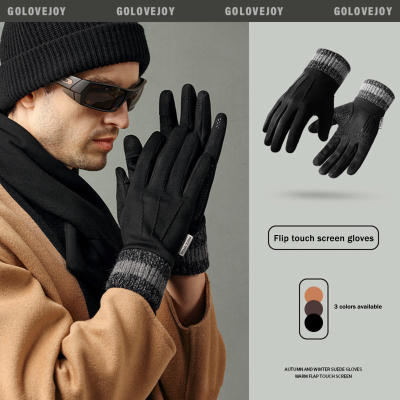 Winter Suede Gloves Outdoor Cycling Windproof Flip-Finger Touch Screen Gloves Men Winter Thickened Driving Gloves For Men Gifts