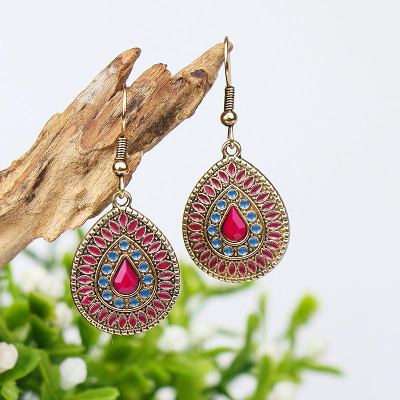 Colorful Ethnic Vintage Round Geometric Flower Drop Dangle Earrings For Women Crystal Enamel Ornament Bohemian Wedding Zircon