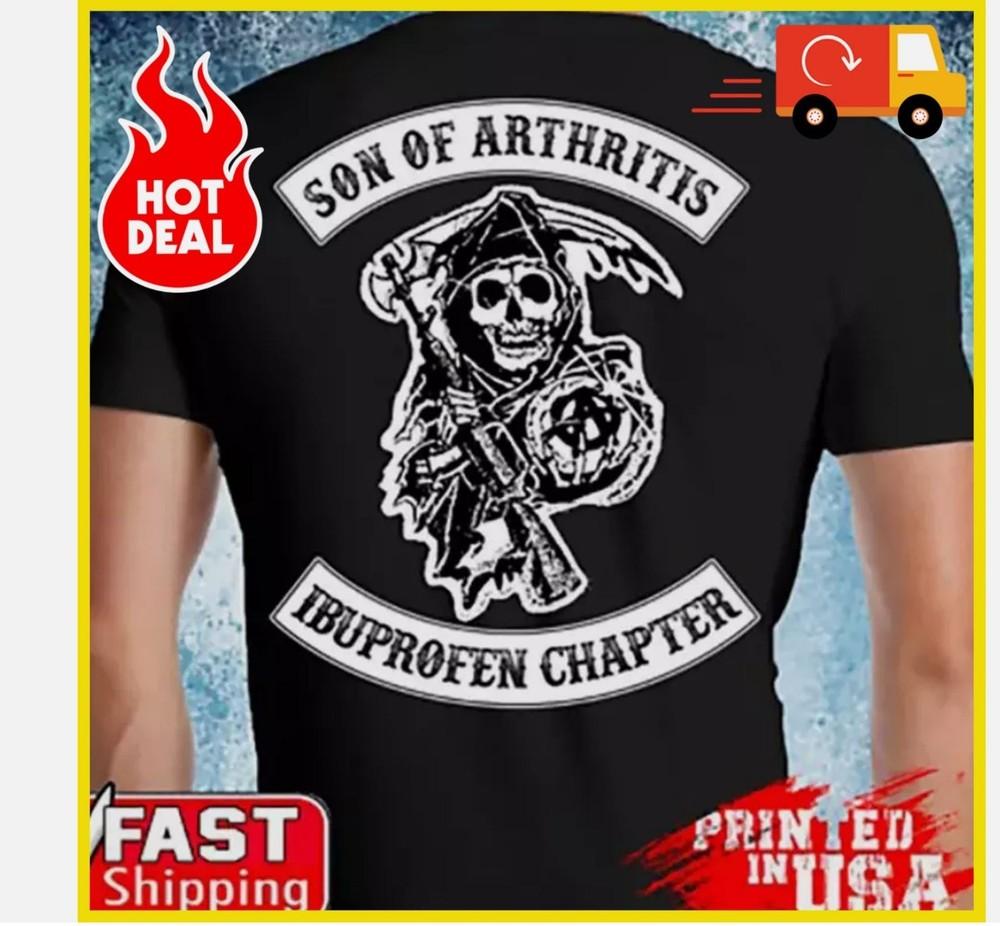 

Сын Артрита Ибупрофен Глава Мотоциклист Байкер Задняя Сторона Череп Футболка XL
