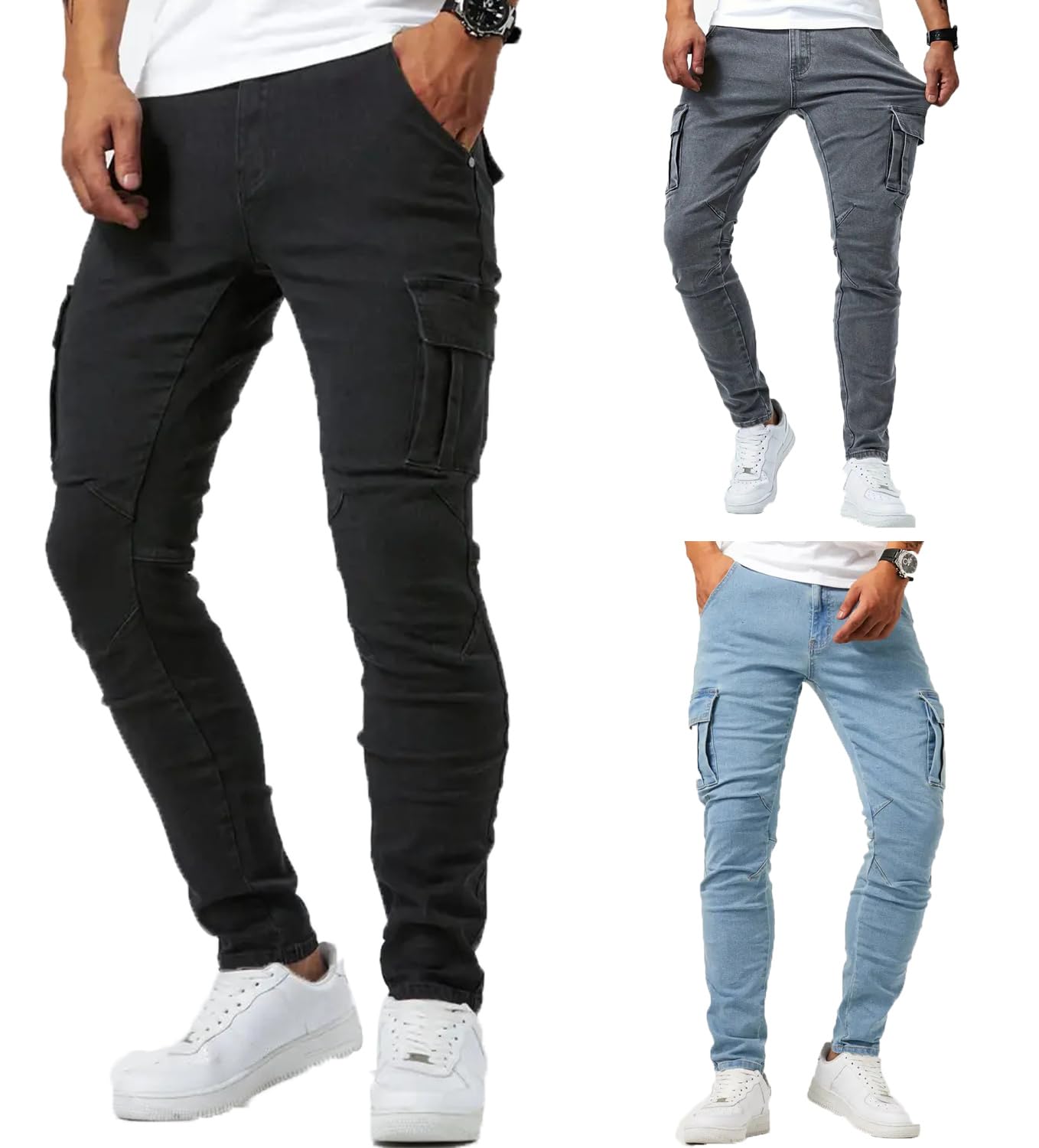Denim Cargo Skinny Plus Fall [LZYYHHR] Men s Pants, Jeans, Stretch, Sizes, Leg-Lengthening, Spring, Summer, (L, Black) чёрный