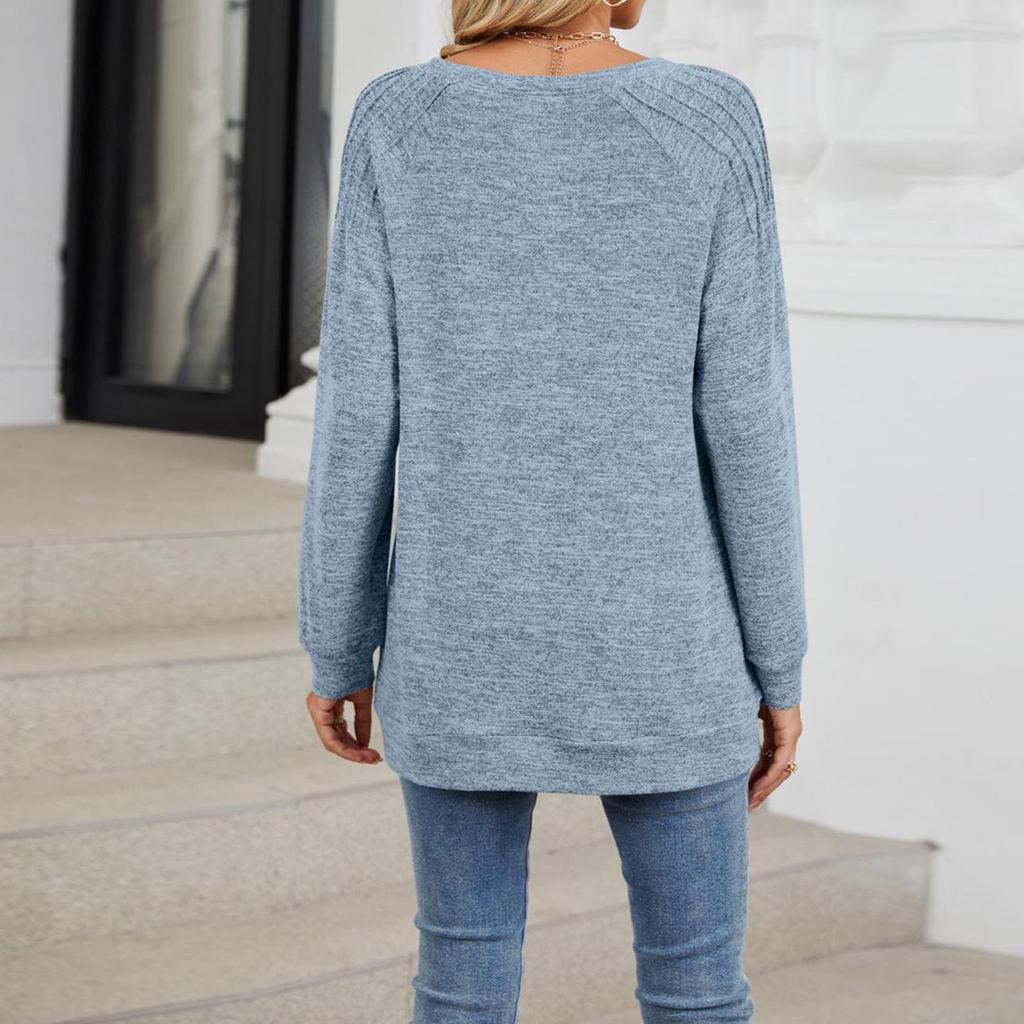 Women's Casual And Fashionable Solid Color Round Neck Loose Drawstring Long Sleeved Top