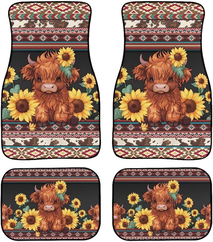 Universal Fit Auto Carpet Floor Mats Set of 4 for Women Girls Decorative Boho Floral Print Car Floor Mats Front & Rear Liners Set