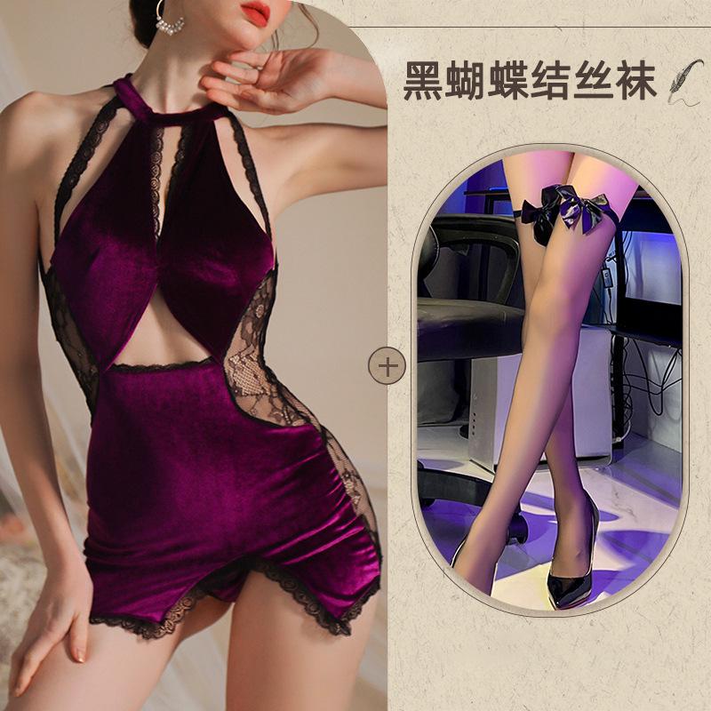 Sex underwear sexy pure lace splicing velvet temperament thin classical cheongsam purple charm hanging neck
