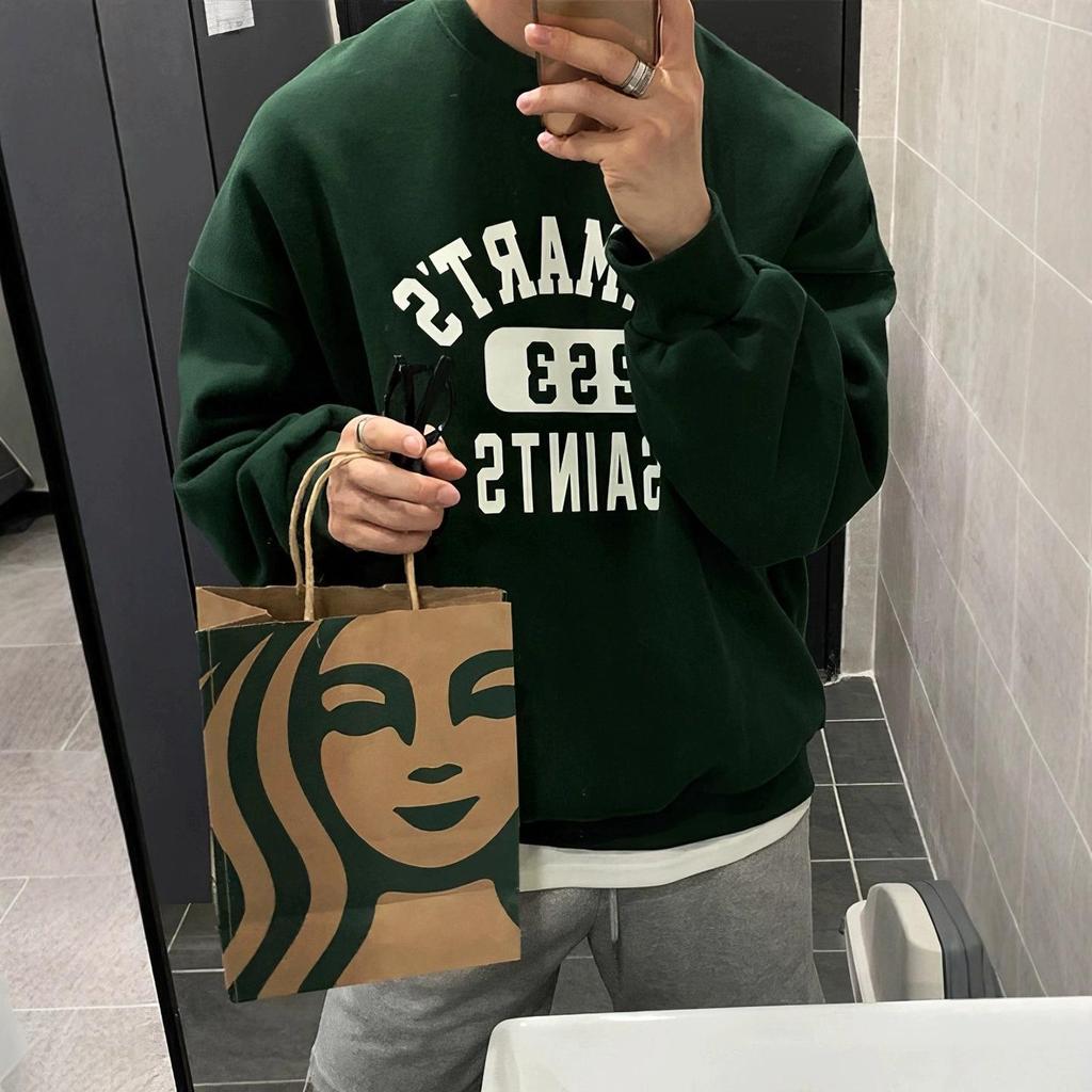 Mäns mörkgröna crewneck sweatshirt med bokstavstryck - Höst Casual lös pullover