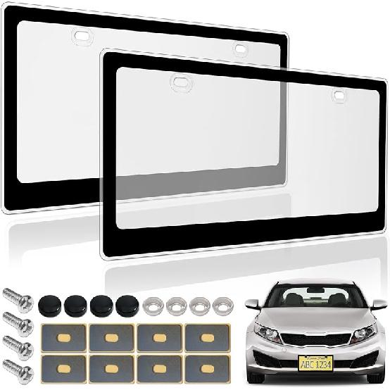 BGGTMO Clear License Plate Covers- Black Car Tag Frame, Unbreakable Number Plate Protector With Screws Caps And Rattle Proof Pads, 2 Pack For Front