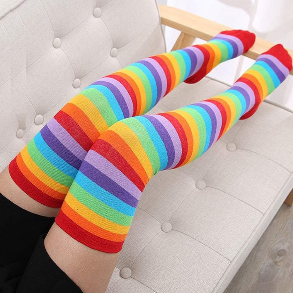1 Set Over Knee Rainbow Thigh High Socks Gloves Set Cosplay Accessories Arm Leg Warmers for Girls