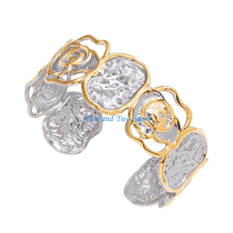 HX6F Elegant Hammered Finish Open End Bracelet Double Tone Stainless Steel Twist Hollow Design Jewelry For Daily Wear