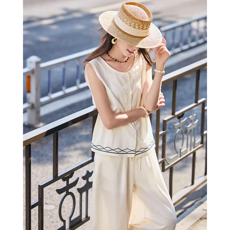 TERRE BLEUE Women's Summer Vest & Wide-leg Pants Set