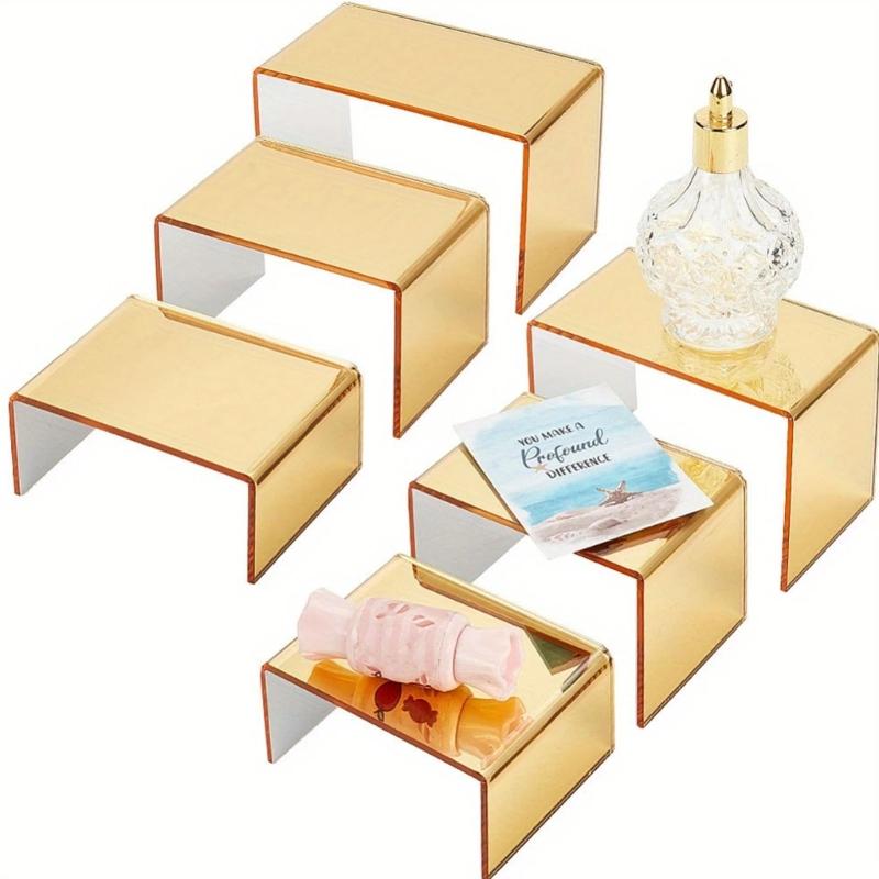 6Pcs Transparency Gold Acrylic Organizers Shelf For Figurines Jewelry Store Window Decoration