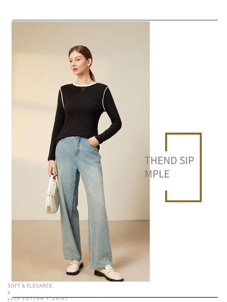 Women's Classic Black & White Color Block Crew Neck Long Sleeve T-Shirt - Spring Collection Wool Acetate Lyocell Base Layer