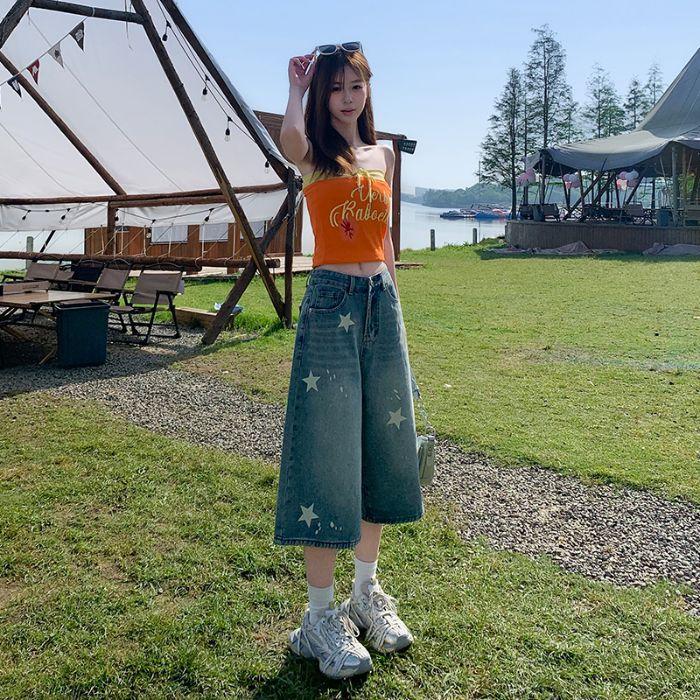 Fashion Summer Vintage Star Printed Denim Shorts For Women Thin Fabric High Waist Wide Leg Cropped Capri Pants Versatile Loose Straight Slimming