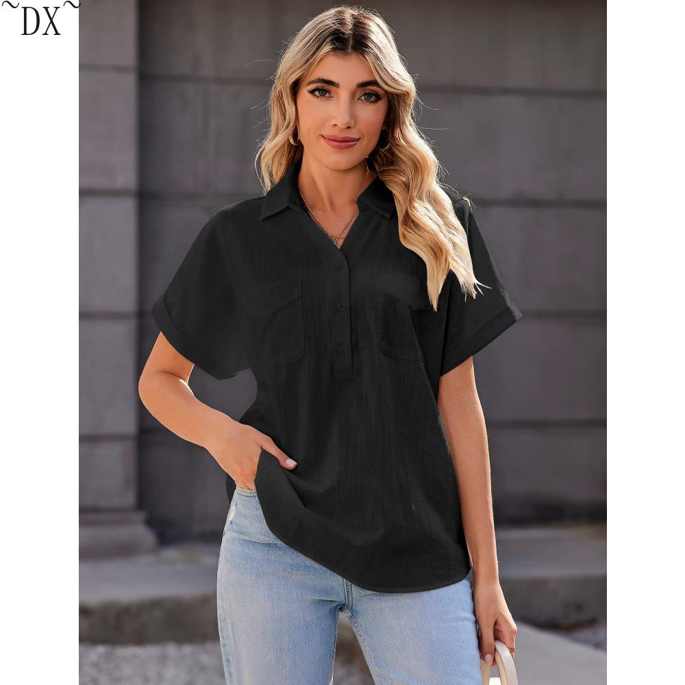 DX~Women's Cotton Linen Shirt Short Sleeved Henry Shirt Button Up V-neck Casual Work Top with Two Pockets