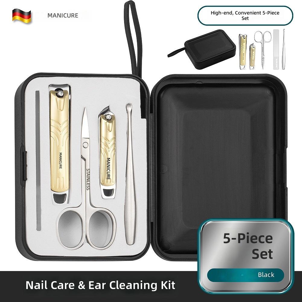 7 Piece Carbon Steel Manicure Set Two-tier Box; High-end Gun-black Splash-proof sharp Pedicure Nail Clippers Tools