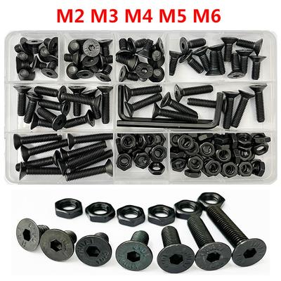 Senkkopf Flachkopf Sechskantschraube Mutter Set Kit M2 M3 M4 M5 M6 Schwarz Stahl Güte 10.9 Sechskant Sechskant Innensechskant Senkkopf Inbusschraube