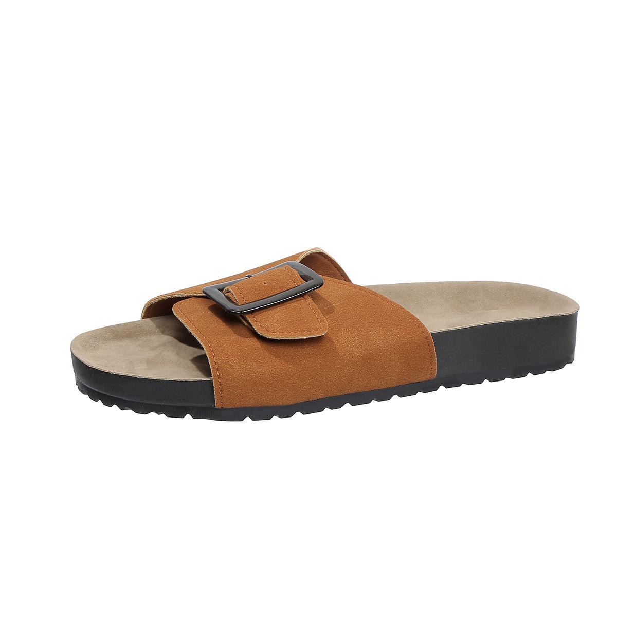 

Лето 2025 года, новые однотонные женские тапочки с круглым носком, большого размера, модные, однотонные, с толстым дном, из пробки 43 светло-коричневого