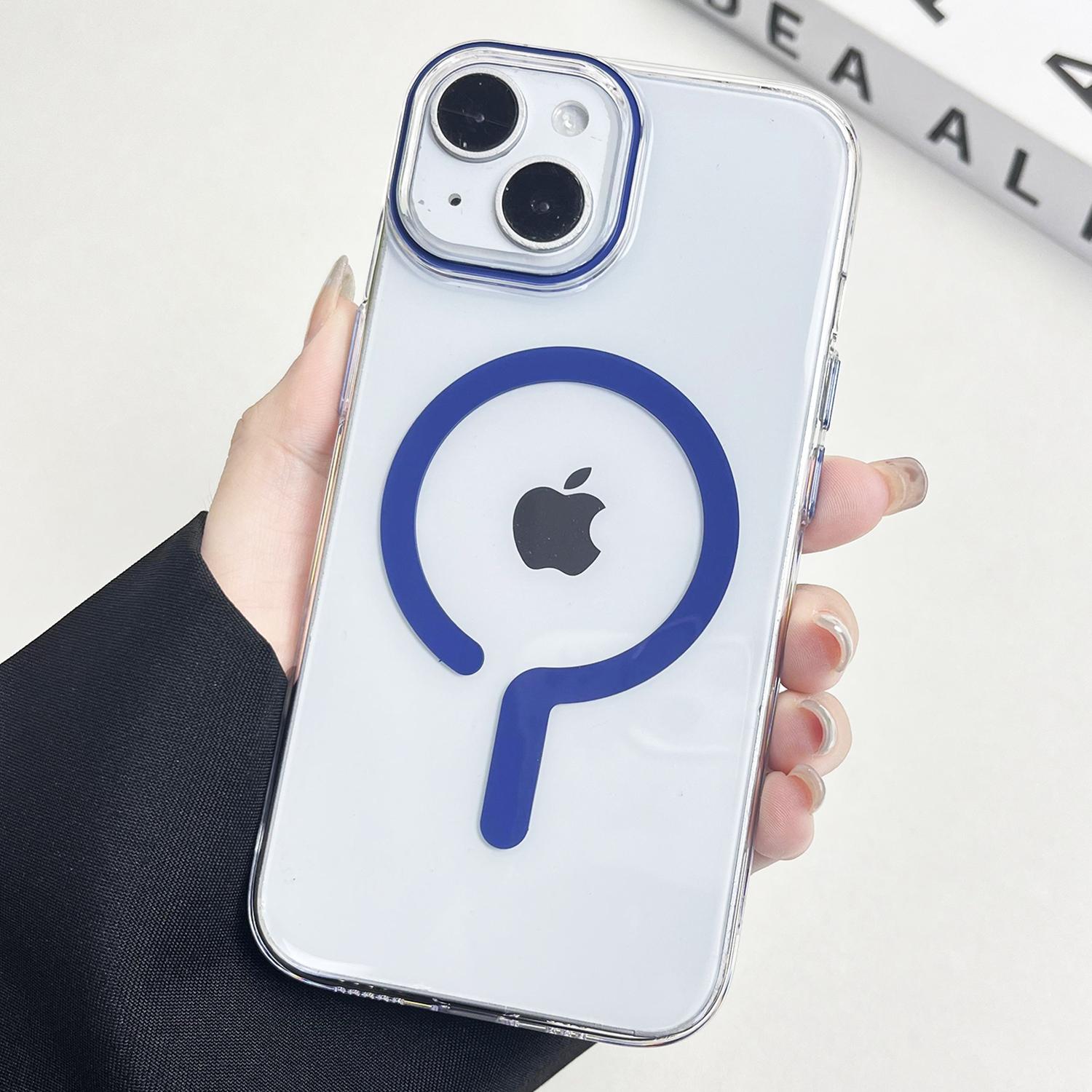 

For iPhone 15 Magnetic Case Clear Hard PC Back+Soft TPU Frame Phone Cover Sapphire